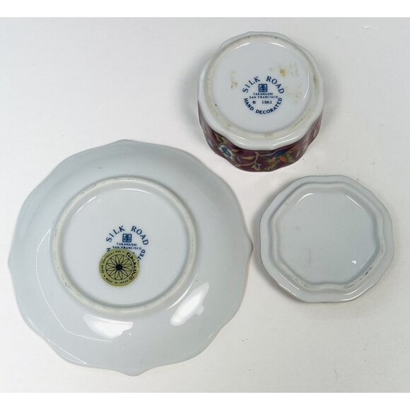 VTG SILK ROAD by Takahashi Plum Handpainted Ceramic TRINKET BOX & TRAY Bird EUC - Picture 5 of 5